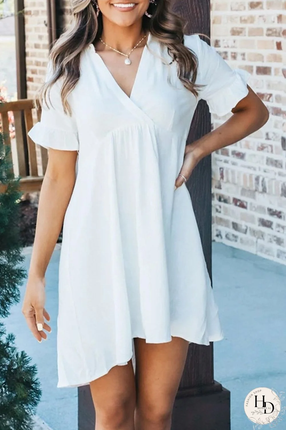 Solid Color Ruched V-Neck Dress