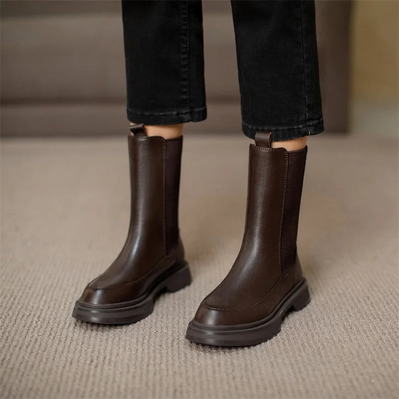 Meotina Chelsea Boots Women Natural Genuine Leather Flat Platform Mid Calf Boots Round Toe Ladies Shoes Autumn Winter Black 40