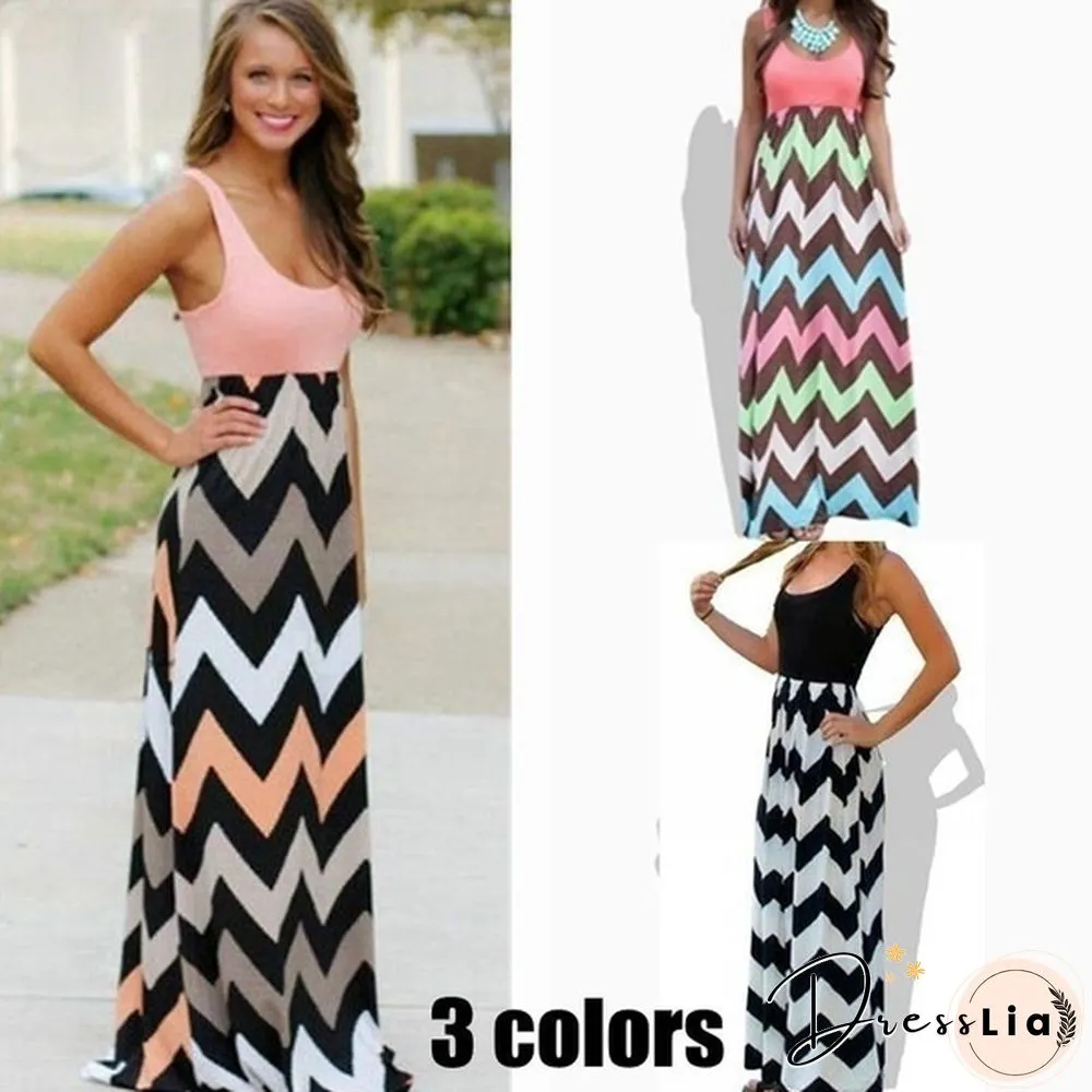 Fashion Women BOHO Party Dress Ladies Striped Print Maxi Summer Beach Long Plus Size S-5XL