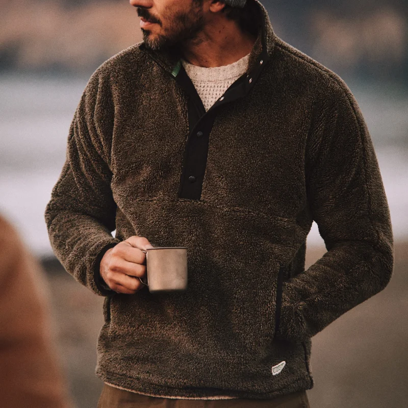 Vintage Classic Olive Green Fleece Snap-Button Pullover