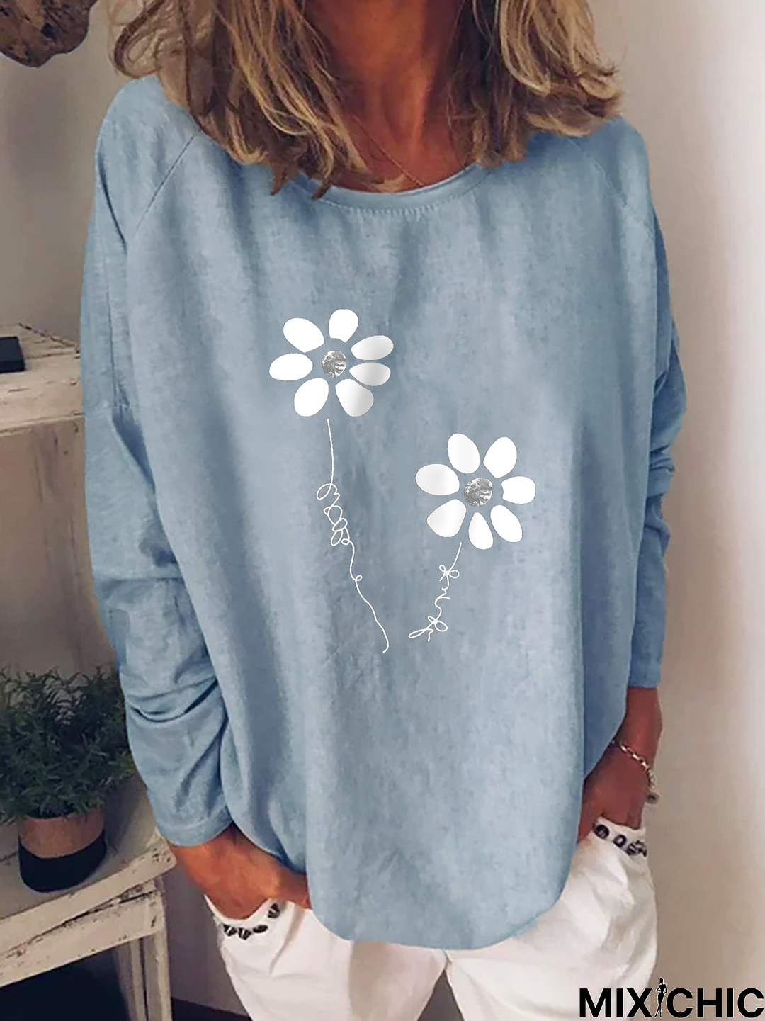 Women Casual Floral Autumn Micro-Elasticity Daily Crew Neck H-Line Regular Regular Size Tunic Sweatshirt