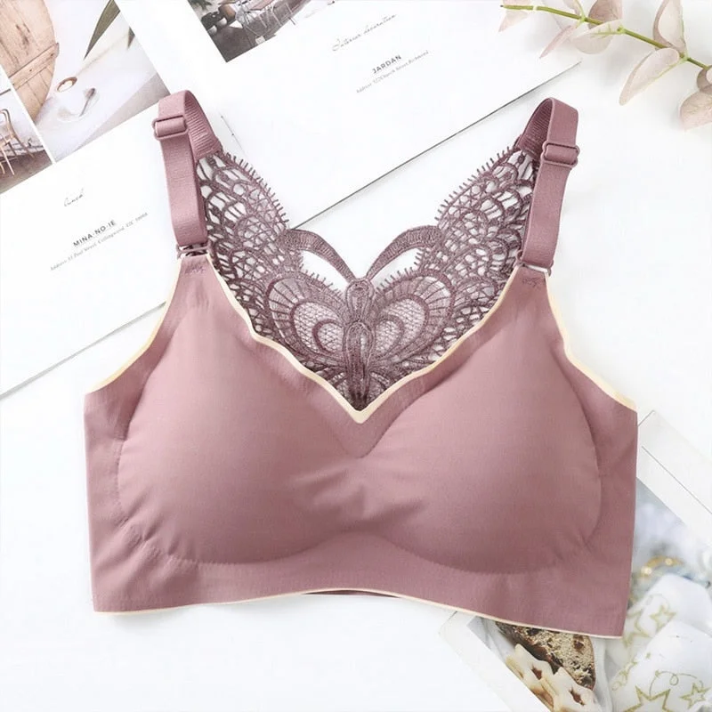 Muyogrt Latex Bra Plus Size Underwear Women Wireless Ring Butterfly Beautiful Back Sexy Gathering Comfortable Vest-style Bra Top