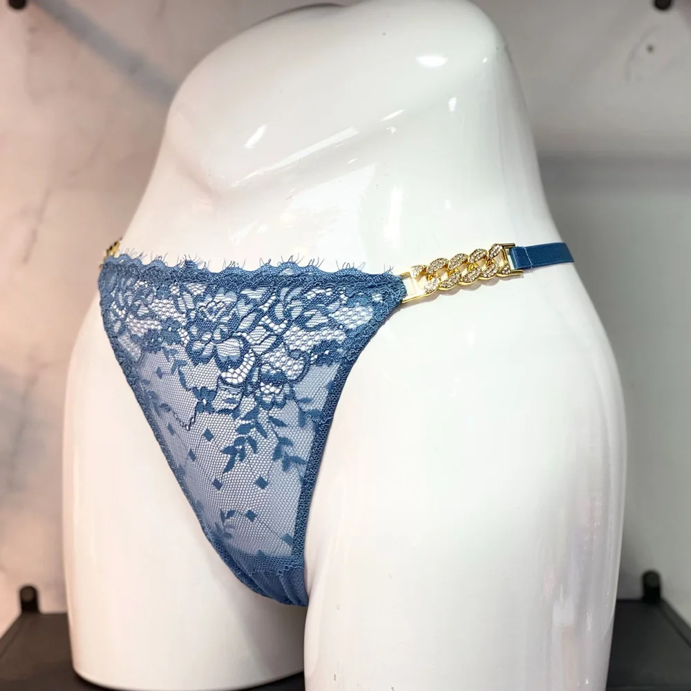 Athvotar Athvotar Diamond Metal Chain Lady T-Shirt Trousers Thin Perspective Lace T Pants Thin Cotton Crotch Trousers