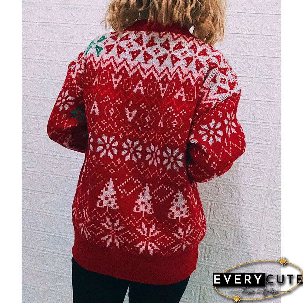 Red Round Neck Vintage Snowflake Christmas Sweater