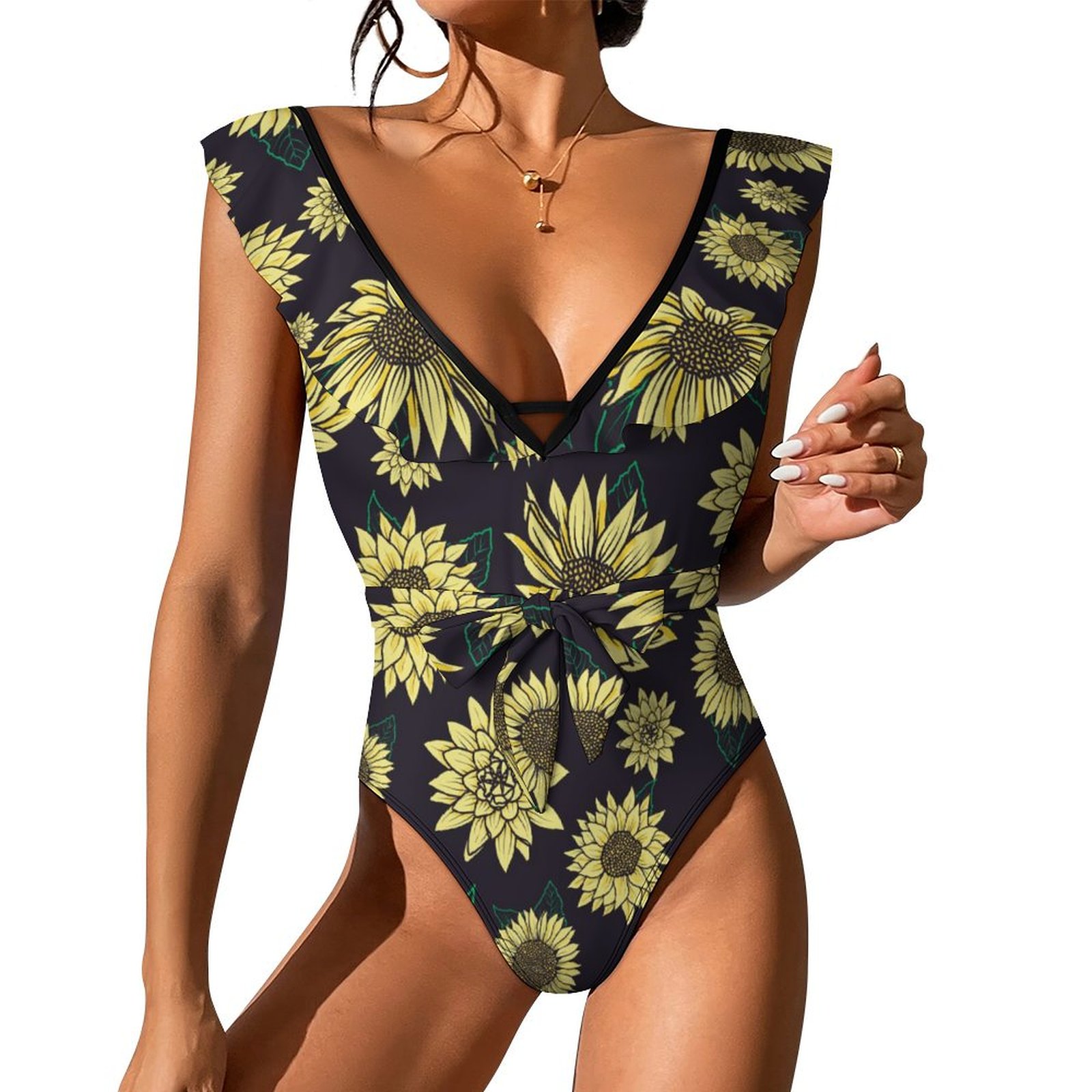 Women's Sunflowrs One Piece Swimsuits Sexy V Neck Bathing Suit