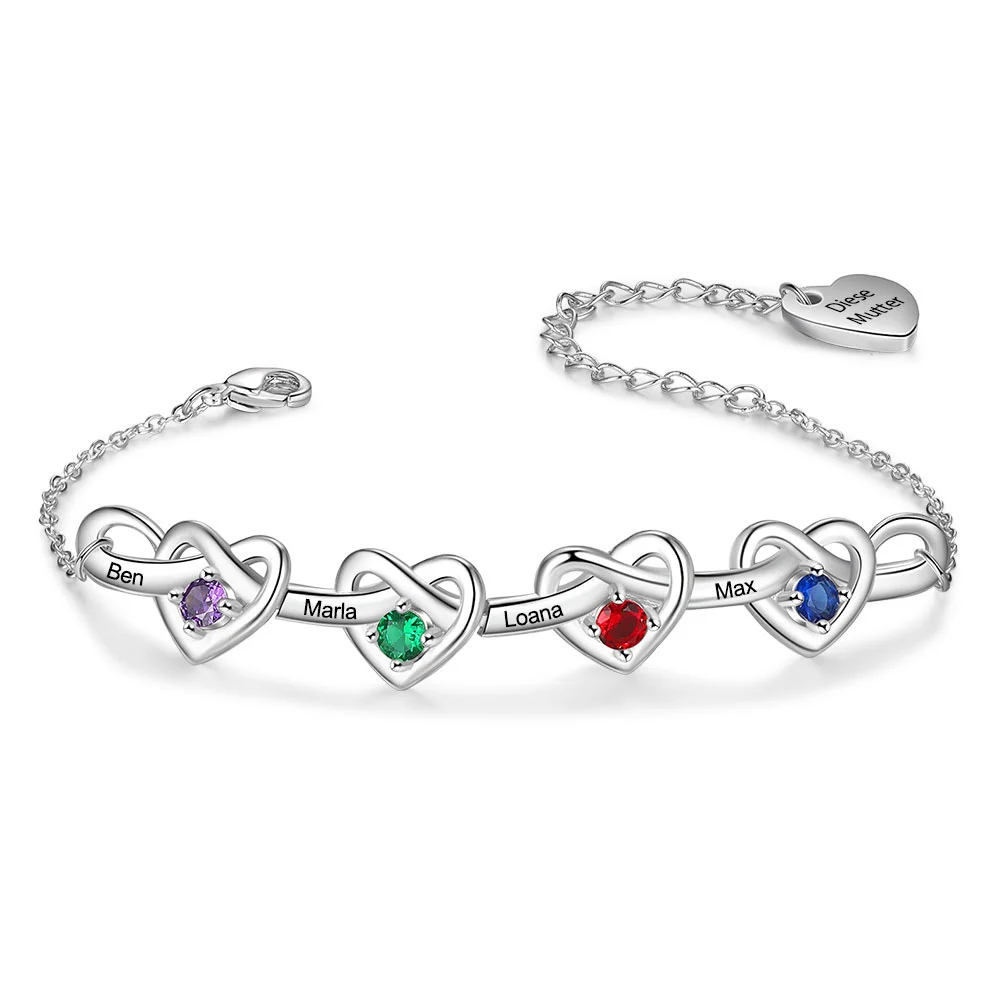4 Names - Personalized Linked Heart Bracelet Custom 4 Birthstones Engraved Text Bracelets- Mother's Day Gift for Mom/Grandma