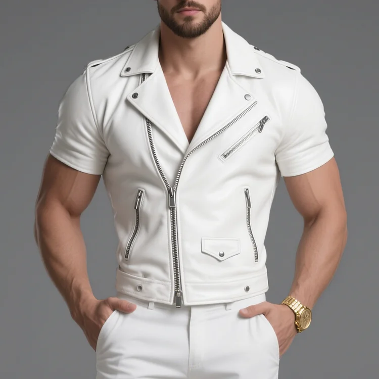 Okaywear Solid PU Leather Lapel Collar Zipper Short Sleeve Jacket Okaywear
