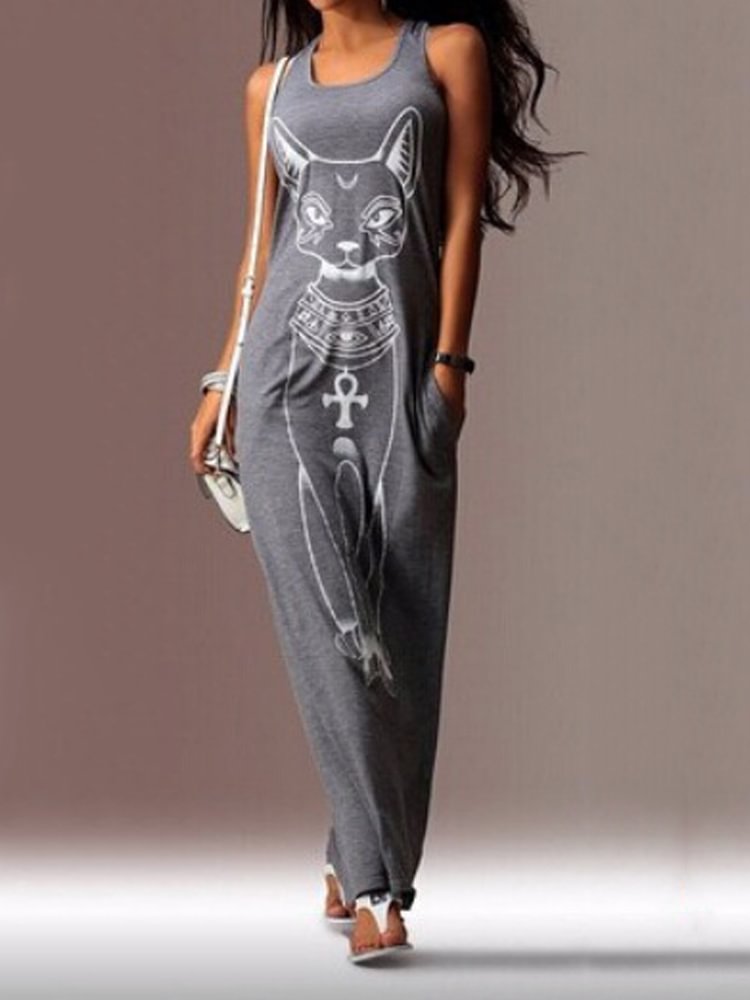 Artwishers Ancient Egypt Cat Graphic Casual Maxi Dress