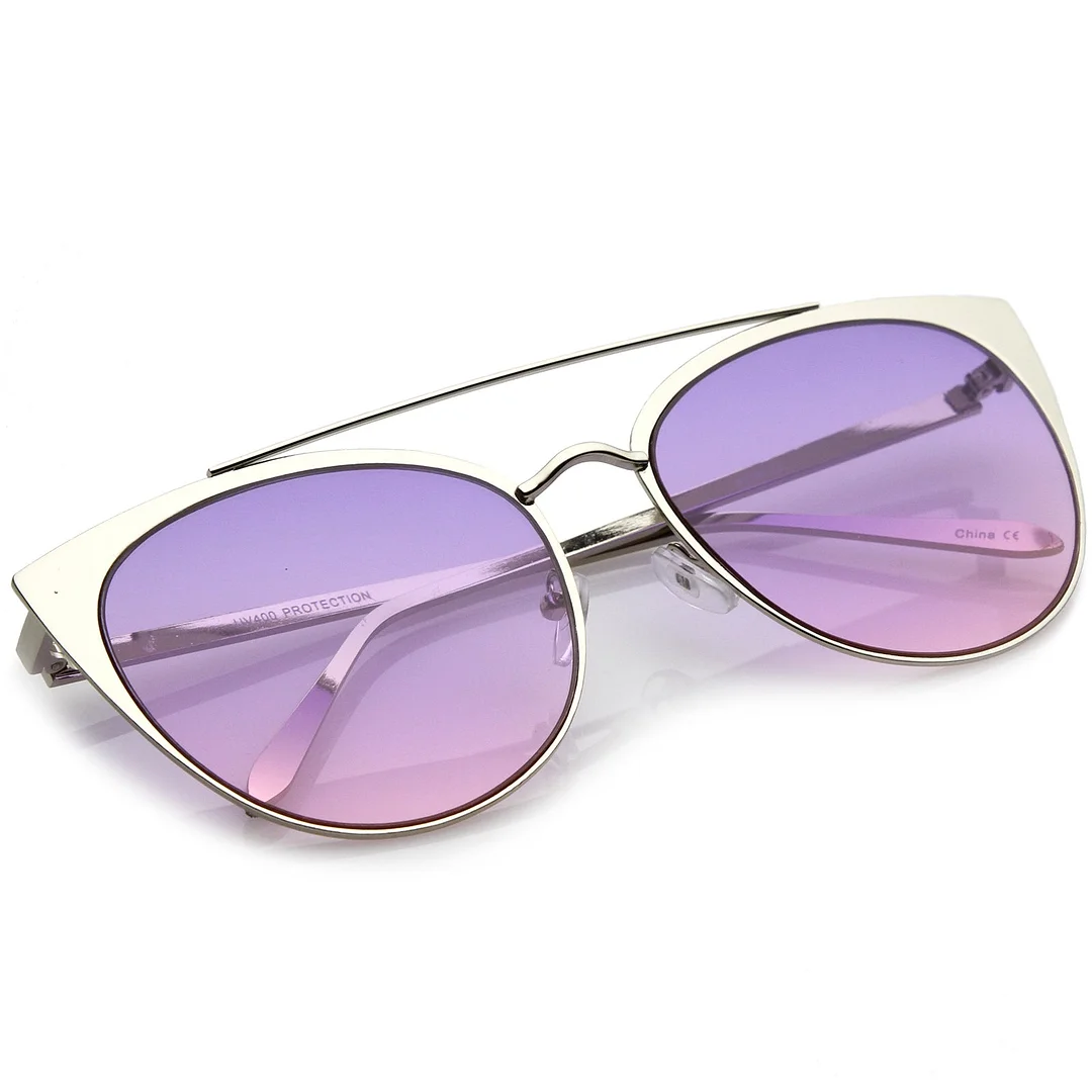 Women's Oversize Metal Crossbar Colored Flat Lens Cat Eye glasses 61mm