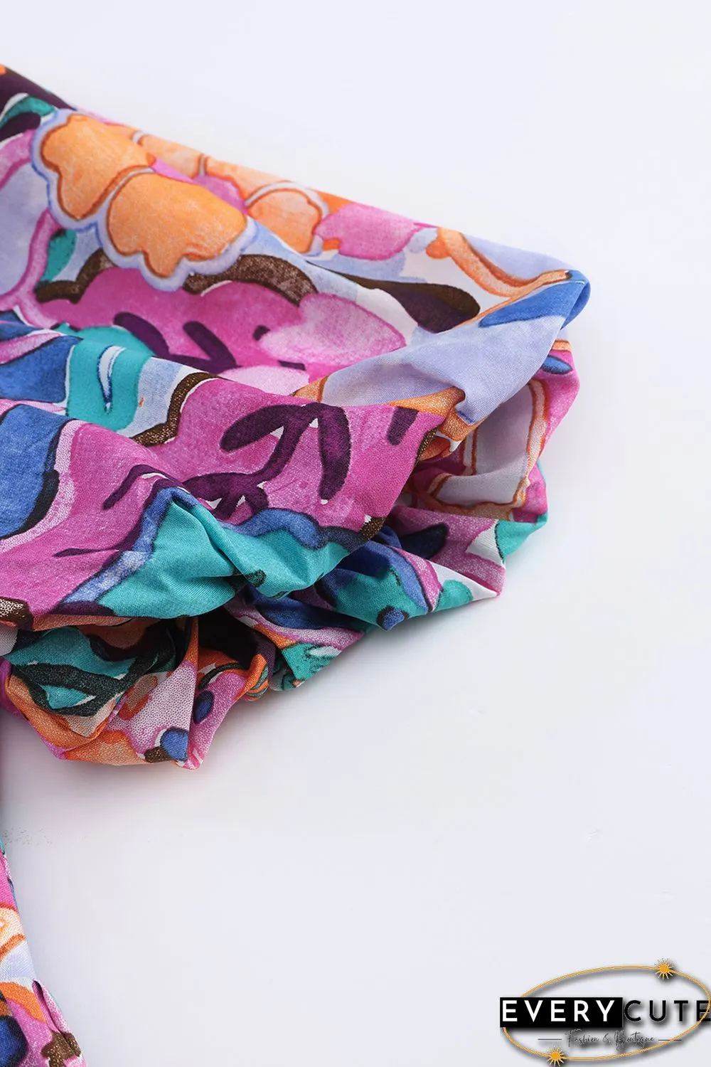 Multicolor Floral Print V Neck Puff Sleeve Mini Dress