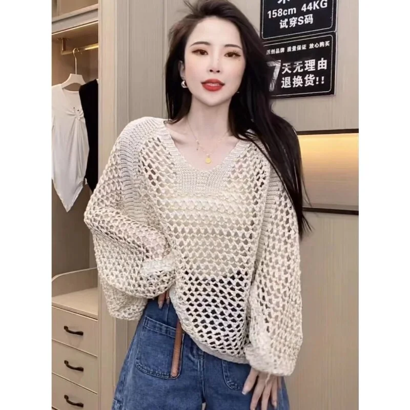 Ladies Fashion Mesh Hollowed Out See-through Pullover Sweater Tshirts Women Sexy Tops Female Girl Casual Knitted T-shirt Vy1610
