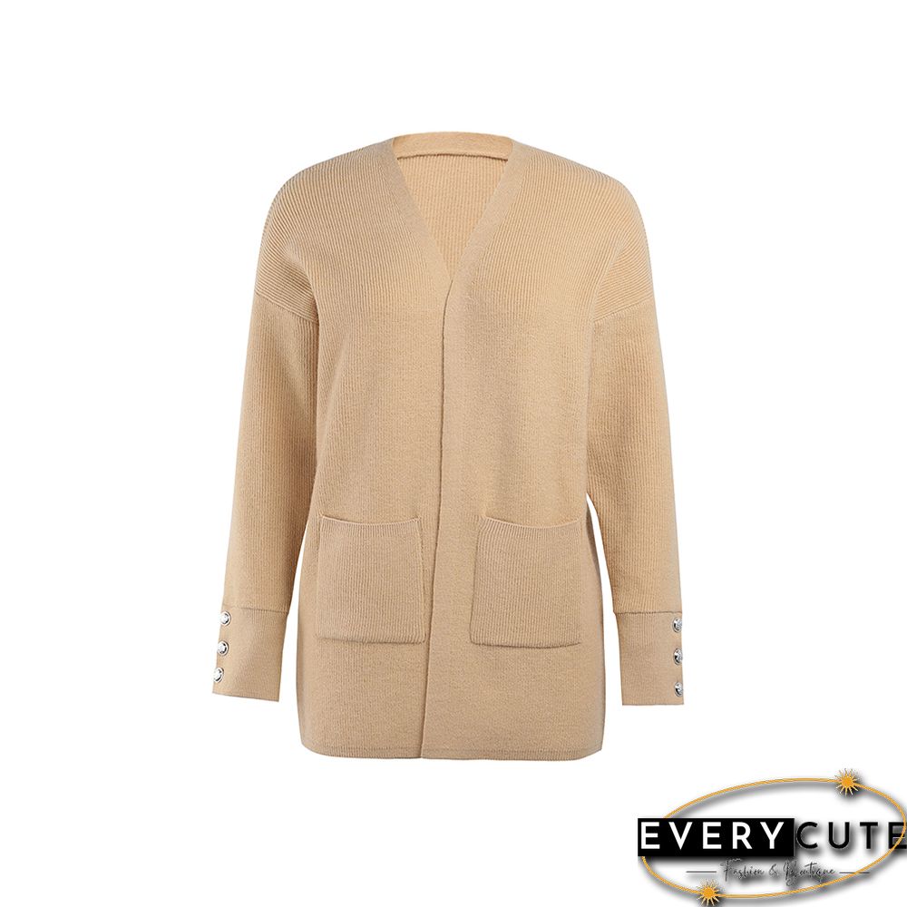 Khaki Button Cuff Knit Pocket Long Cardigan