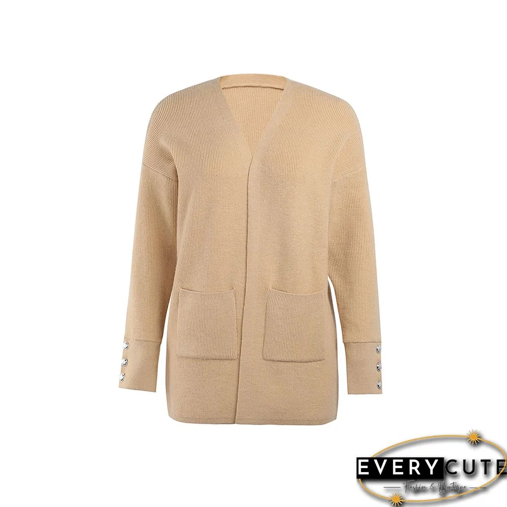 Khaki Button Cuff Knit Pocket Long Cardigan