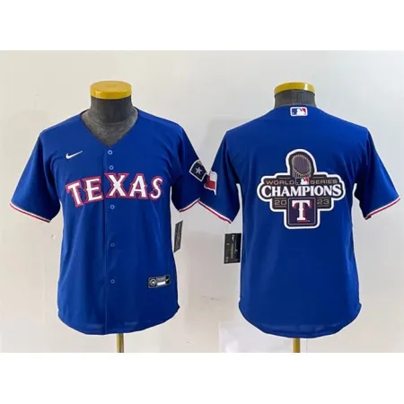 Youth Texas Rangers Royal 2023 World Series Champions Big Logo With Patch Stitched Baseball Jersey VIKG