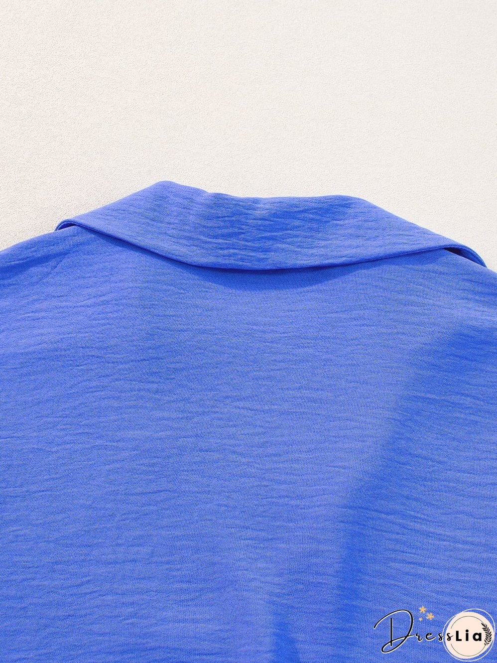 Navy Blue Collared Smocked Sleeve Cuffs Loose Fit Blouse