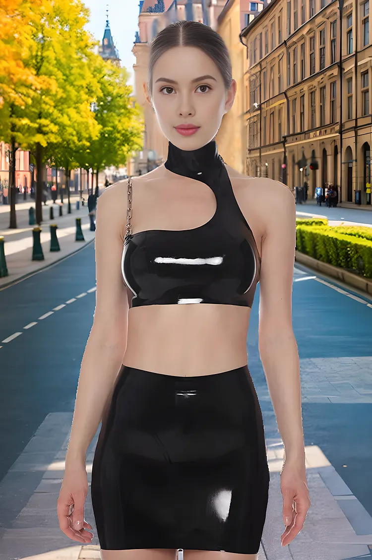 Women Latex Tops High Collar Black One-Shoulder Crop Top & Detachable Chain