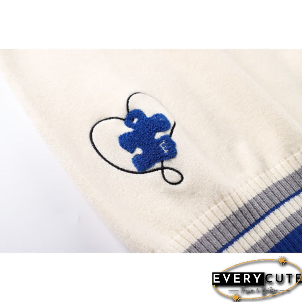 Colorblock Polo Knit Sweater Denim Pants Two Pieces Set