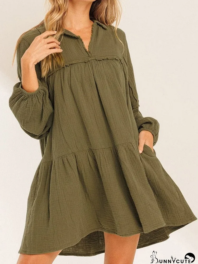 Green Puff Sleeve A-Line Mini Dress with V Neck and Flared Hem