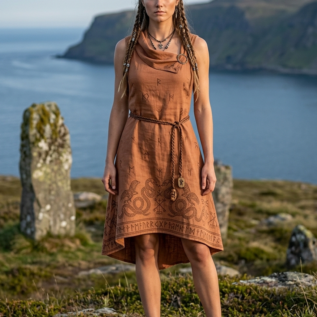 Cotton Linen Viking-Inspired Boho Maxi Dress with Nordic Symbols and Fringed Hem