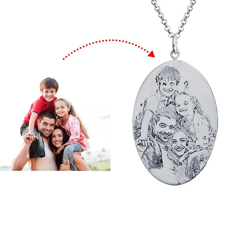 Engraved Family Photo Pendant Necklace Personalized Oval Silver Tag Necklace For Father Mother