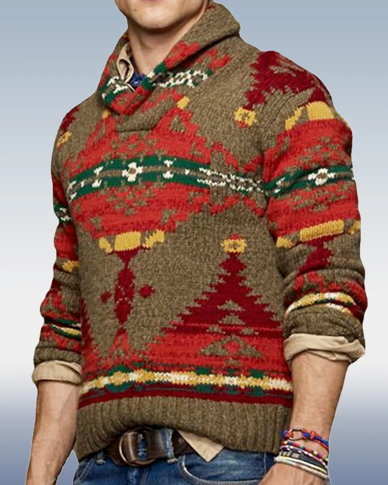 Men's Lapel Long Sleeve Pullover Jacquard Sweater