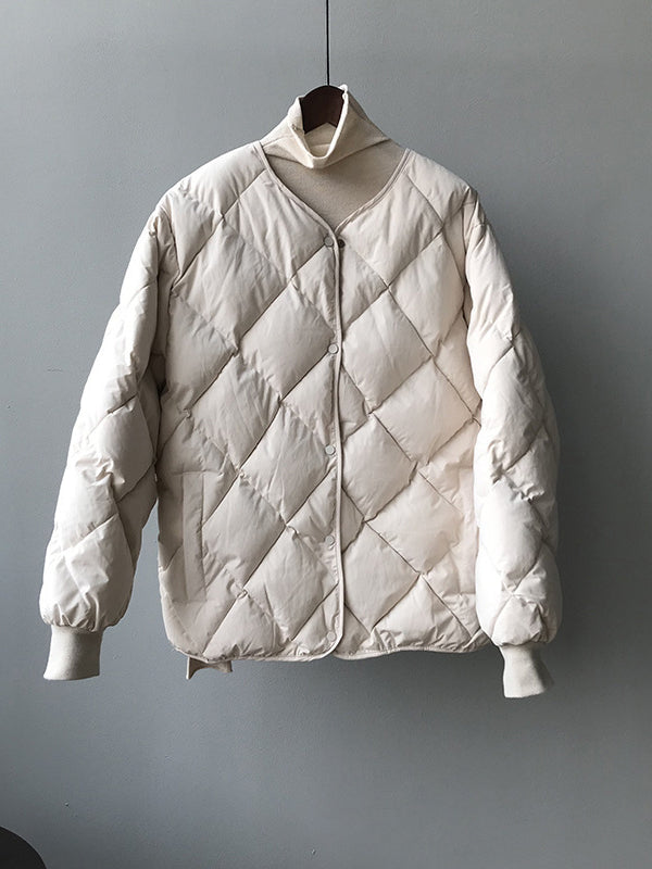 Women Long Sleeve V-neck Solid Color Puffer Coats