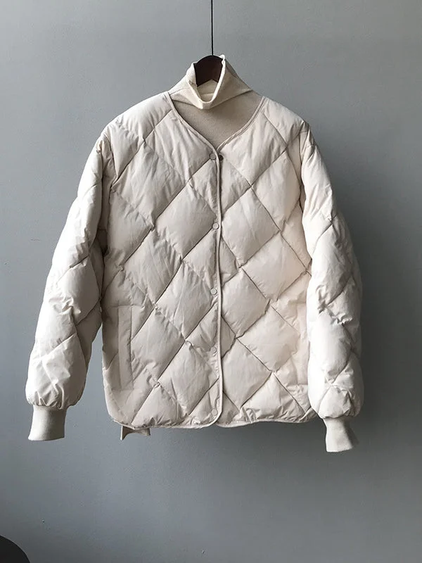 Women Long Sleeve V-neck Solid Color Puffer Coats