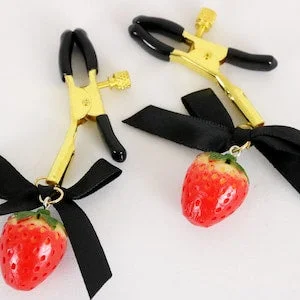 pornhint Pornhint strawberry black bow Breast Nipple Clamps Clip with red bow, romantic, restraints, sex toy, bondage, harness, chastity, BDSM