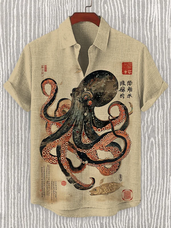 Men's Vintage Octopus Japanese Art Print Linen Blend Shirt