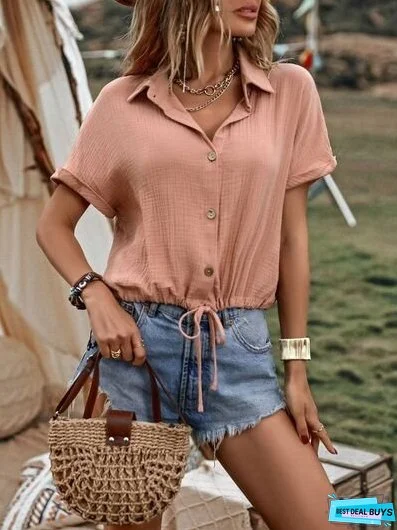 Drawstring Button Up Short Sleeve Blouse