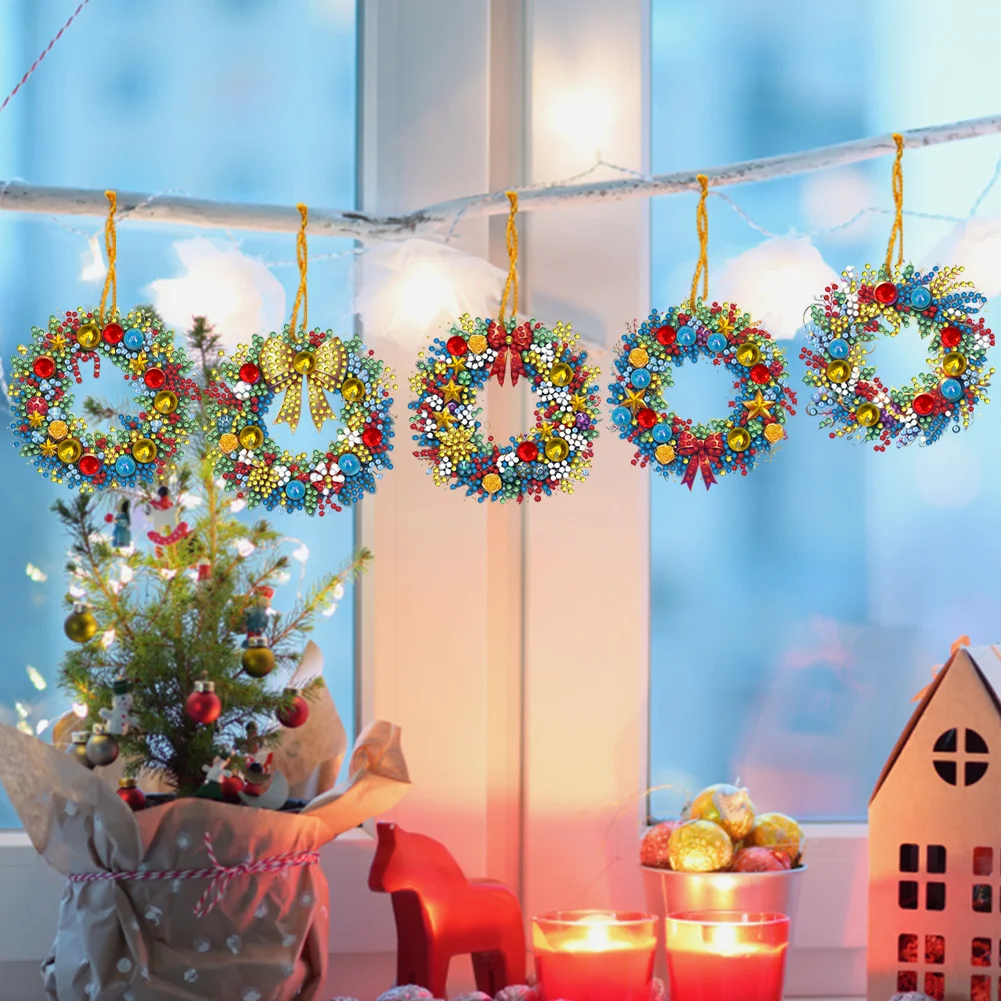 5Pcs DIY Christmas Wreath Acrylic Special Shaped 5D DIY Diamond Art Hanging Decor