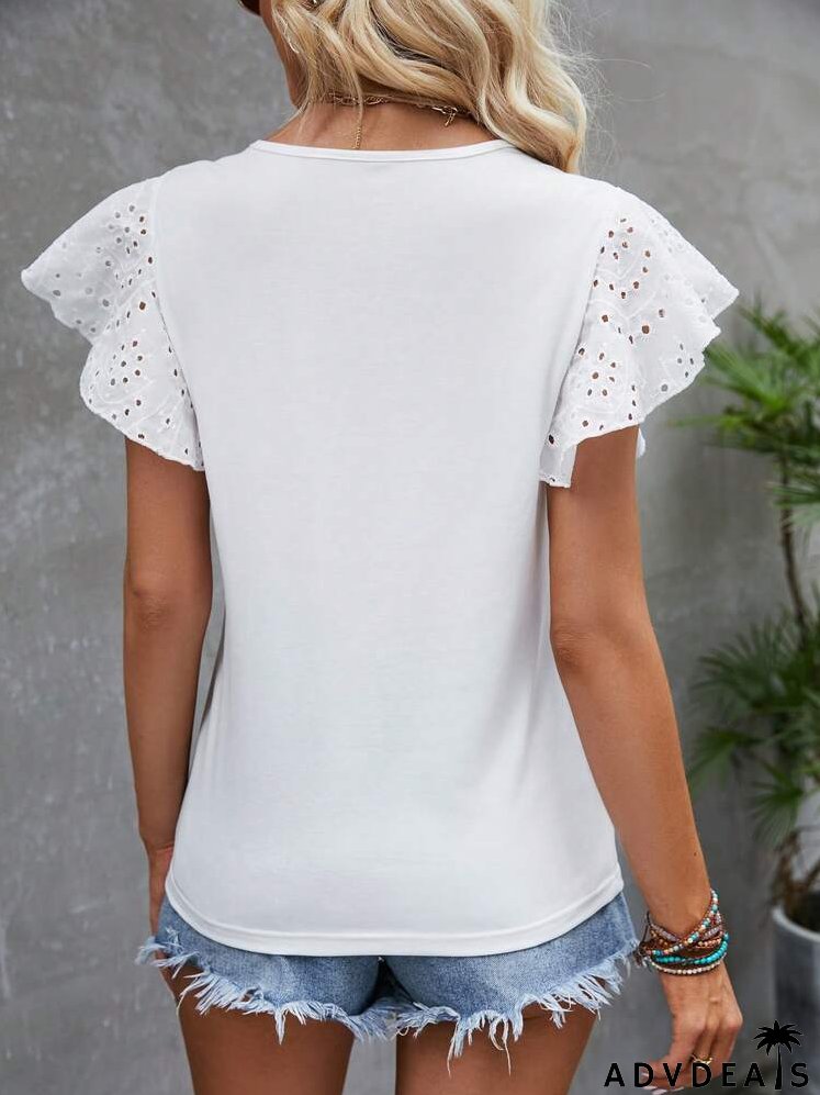 Eyelet Embroidery Butterfly Sleeve Tee