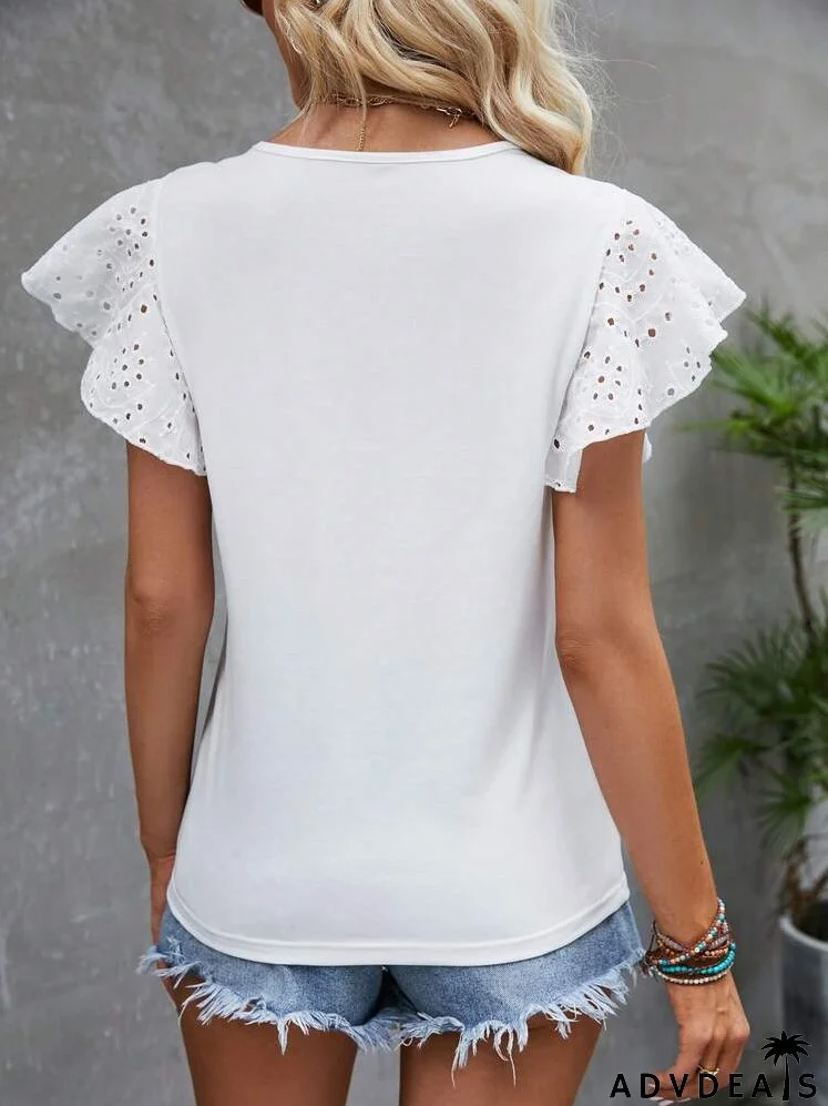 Eyelet Embroidery Butterfly Sleeve Tee