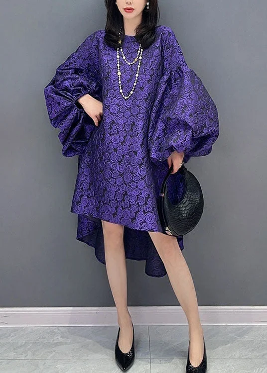 Modern Purple O Neck Wrinkled Patchwork Cotton Dress Lantern Sleeve