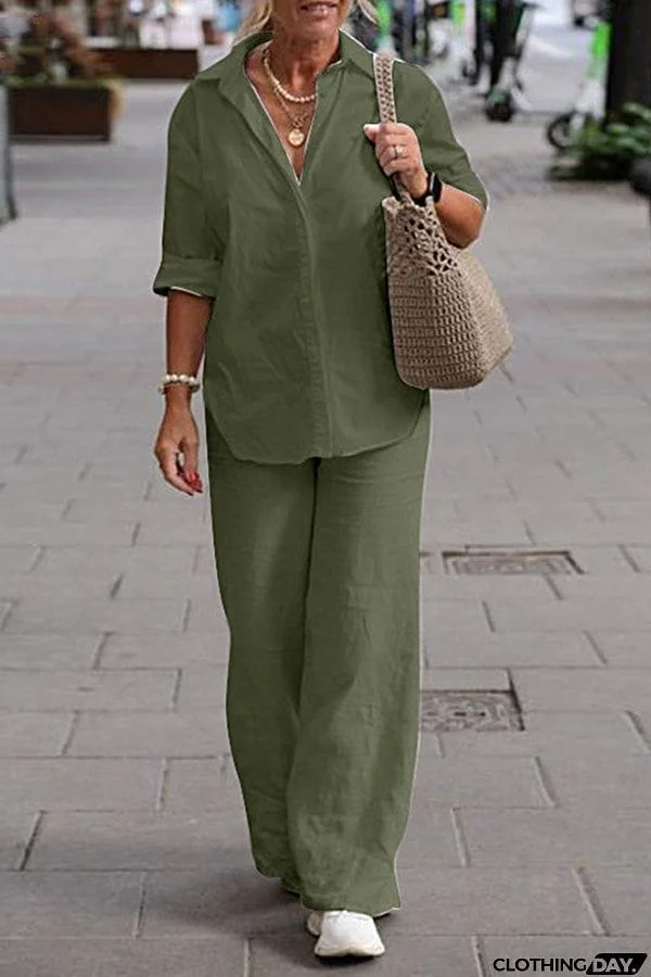 Two Piece Set Lapel Long-Sleeved Shirt Casual Solid Color Wide-Leg Pants Suit