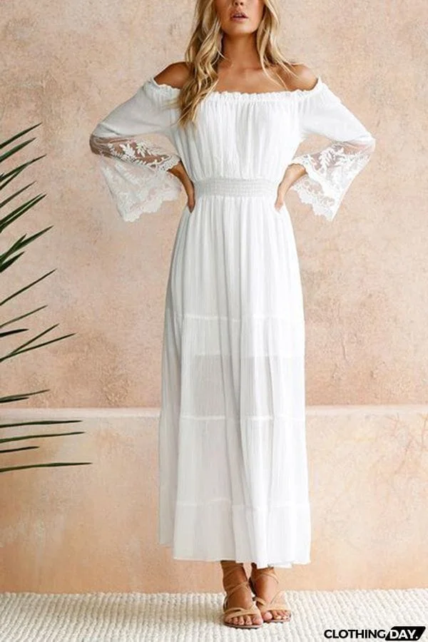 Dress One Line Collar Lace Patchwork Dress