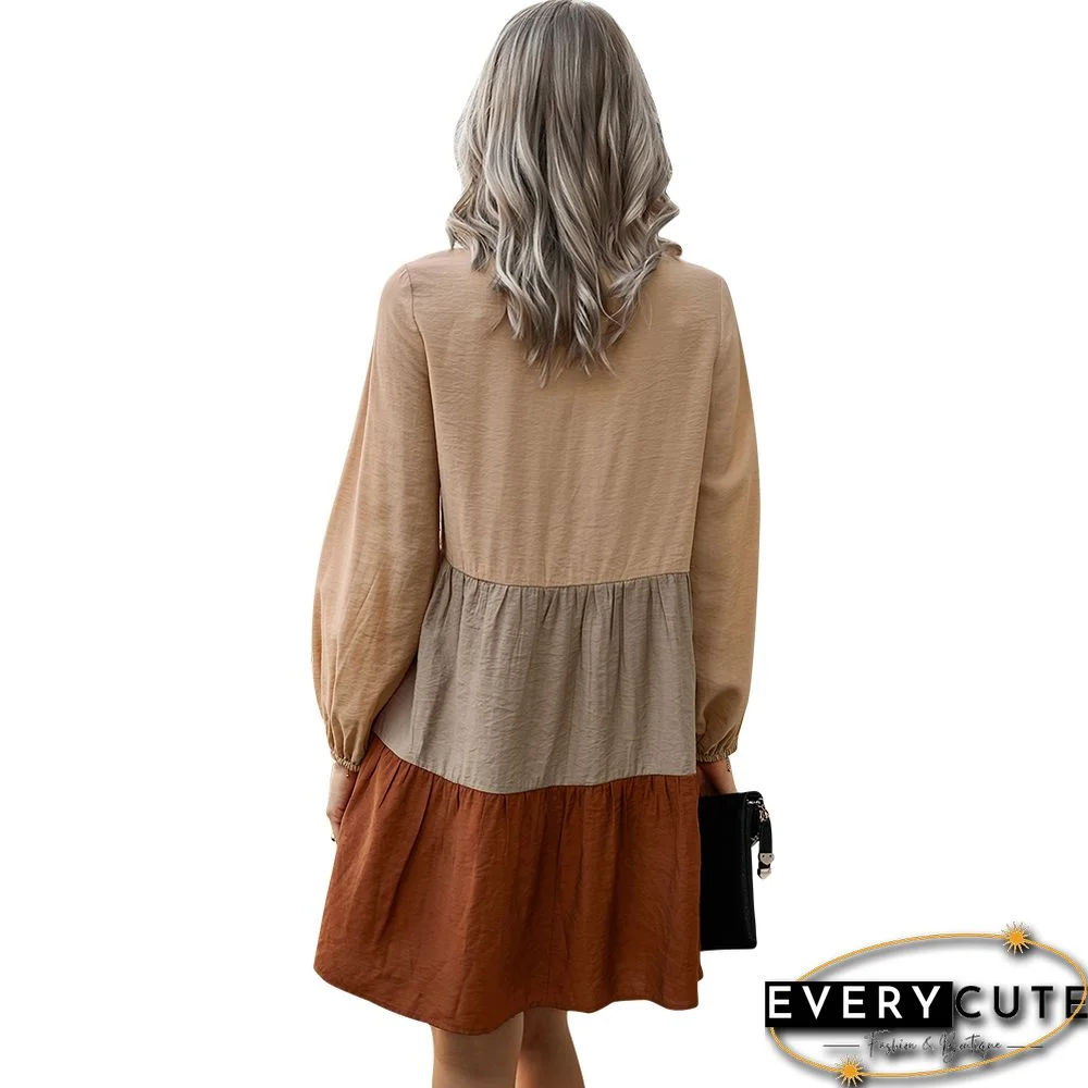 Orange Colorblock Button Up Long Sleeve Dress