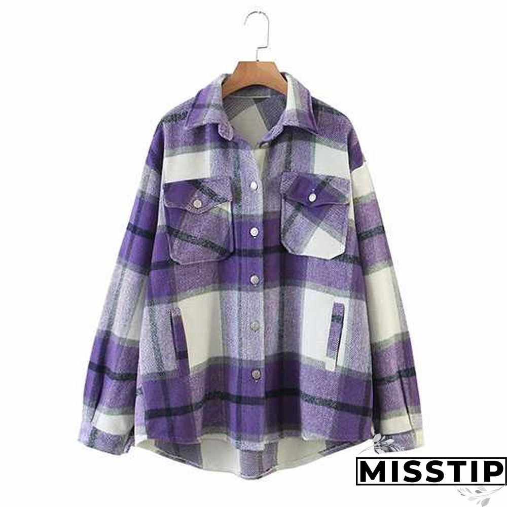Classic Thick Colorblock Checked Button Down Shirt Jacket Woolen