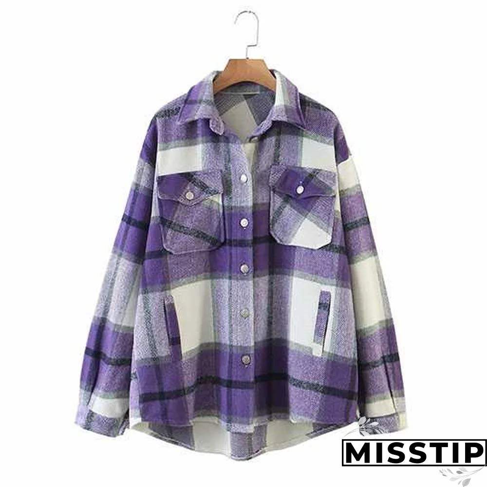 Classic Thick Colorblock Checked Button Down Shirt Jacket Woolen