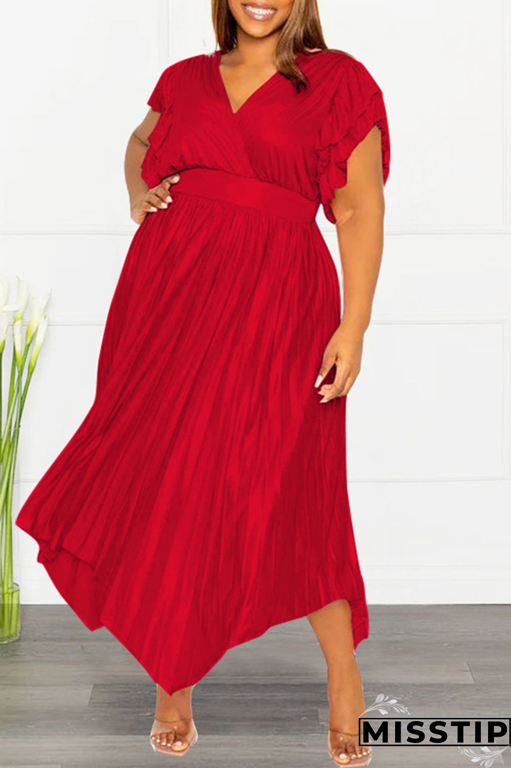 Pink Casual Solid Patchwork V Neck Pleated Plus Size Dresses