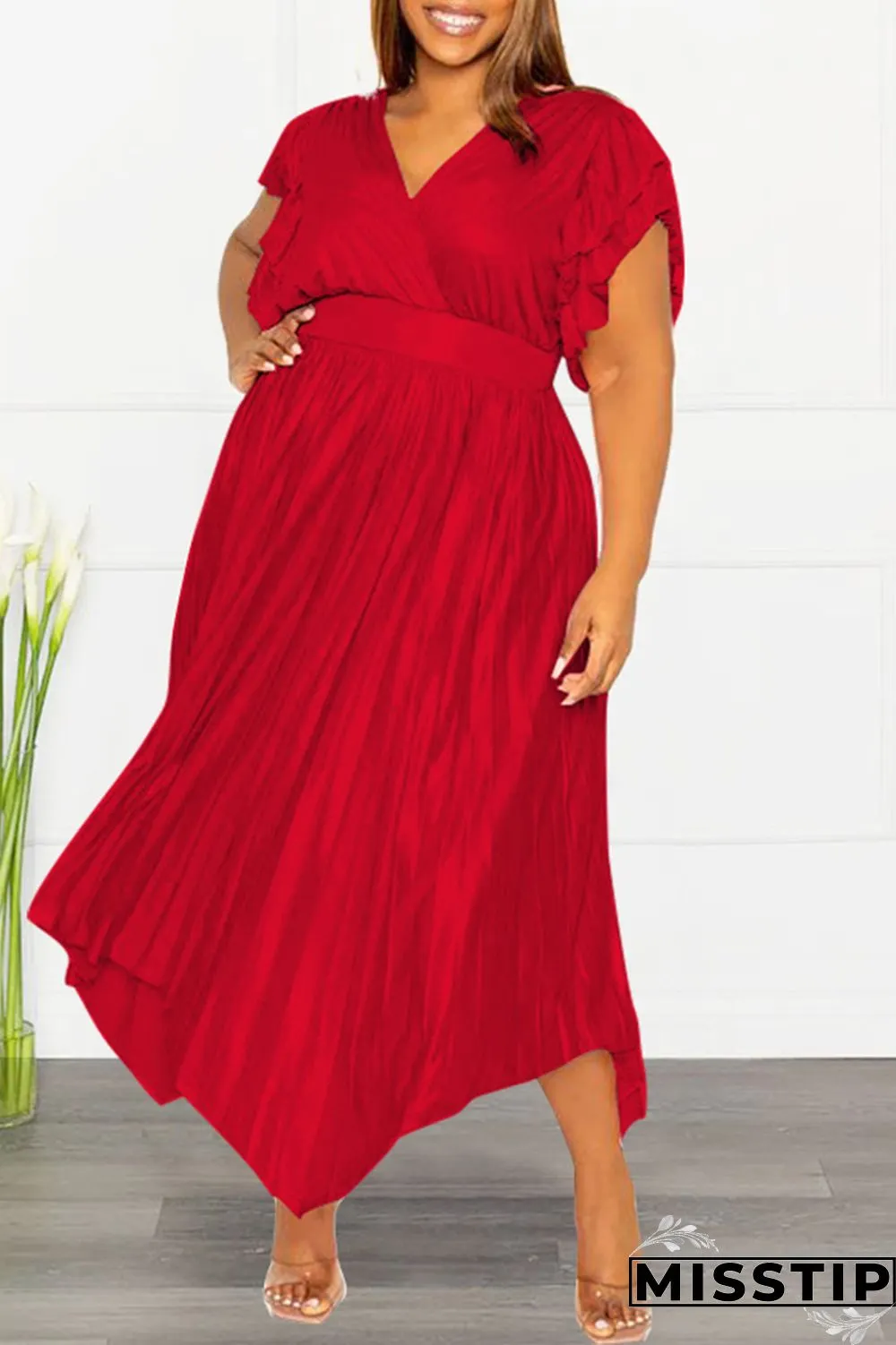 Pink Casual Solid Patchwork V Neck Pleated Plus Size Dresses