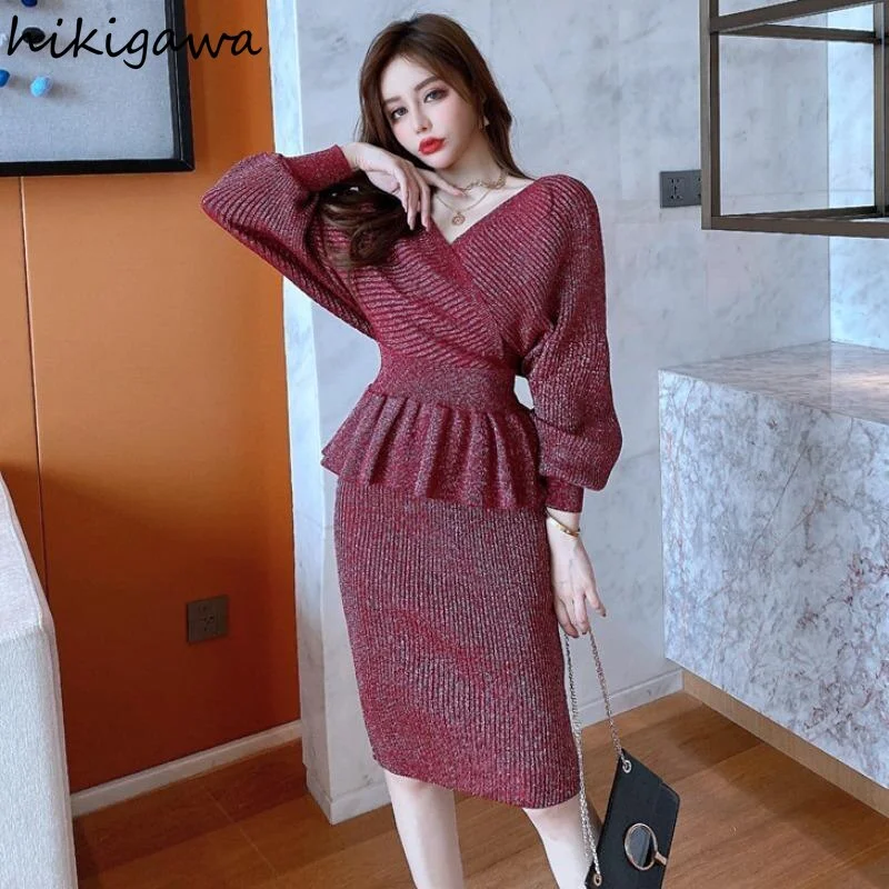 Toloer Temperament Outfits Fashion Korean 2 Piece Set for Women V-neck Ruffles Pullovers Tops Bodycon Skirts Suit Korean Chic Knit Sets