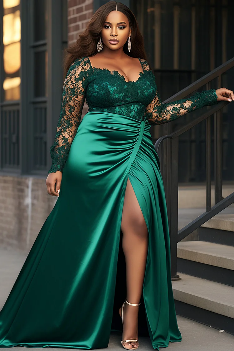Xpluswear Design Plus Size Formal Emerald Green Square Neck Long Sleeve Split See Through Lace Satin Maxi Dresses [Pre-Order]