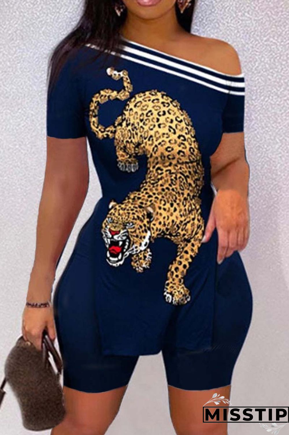 Black White Casual Print Slit Oblique Collar Short Sleeve Two Pieces