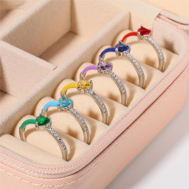 Copper 18K Gold Plated Minimalist Enamel Inlay Heart Shape Zircon Open Rings
