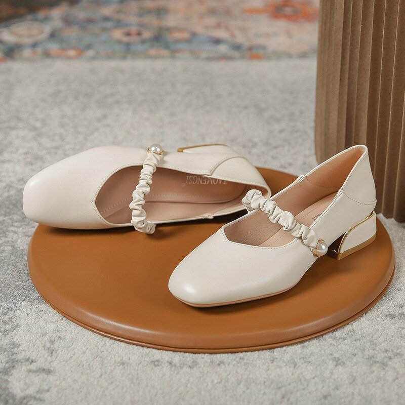 2022 Flat Shoes Women Leather Shoes Square Toe Spring Autumn Single Pump Mary Jane Black Simple Thick Pleated Pearl High Heel