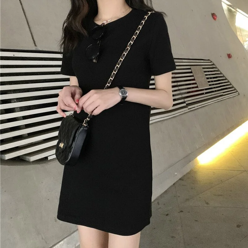 Summer Short Sleeve Dress Solid O-neck Loose Womens Leisure Daily Streetwear Simple All-match Korean Style Chic Trendy BF New