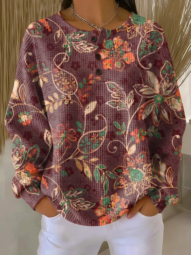 Women's Vintage Ethnic Paisley Floral Art Print Casual Cotton Shirt