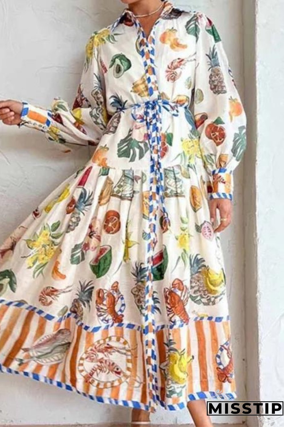 Women's Fashion Casual Lace-Up Floral Print High Waist Long Sleeve Maxi Dress