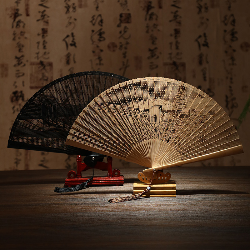Artisan Bliss: Exquisite Carved Chinese Fan - Traditional Hanfu Craftsmanship,  Authentic Palace Style - Premium Bamboo Gift Set